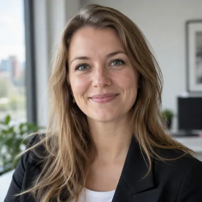 Portret van een lachende redacteur in een lichte kantoorruimte, hoofd en schouders